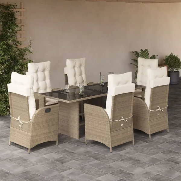Ensemble à manger de jardin et coussins 7 pcs beige poly rotin