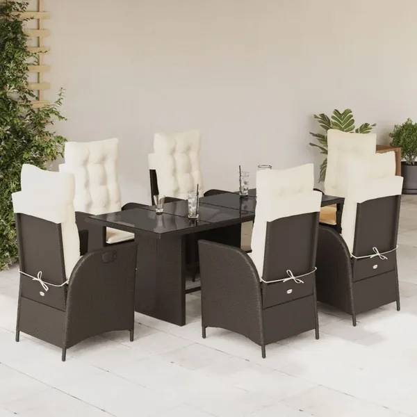 Ensemble à manger de jardin et coussins 7 pcs marron rotin