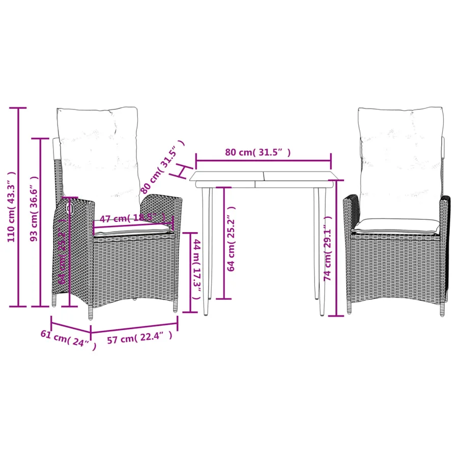 Ensemble à manger de jardin 3pcs coussins gris clair poly rotin - 9
