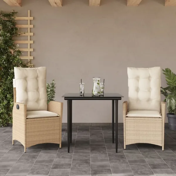 Ensemble à manger de jardin et coussins 3 pcs Beige poly rotin