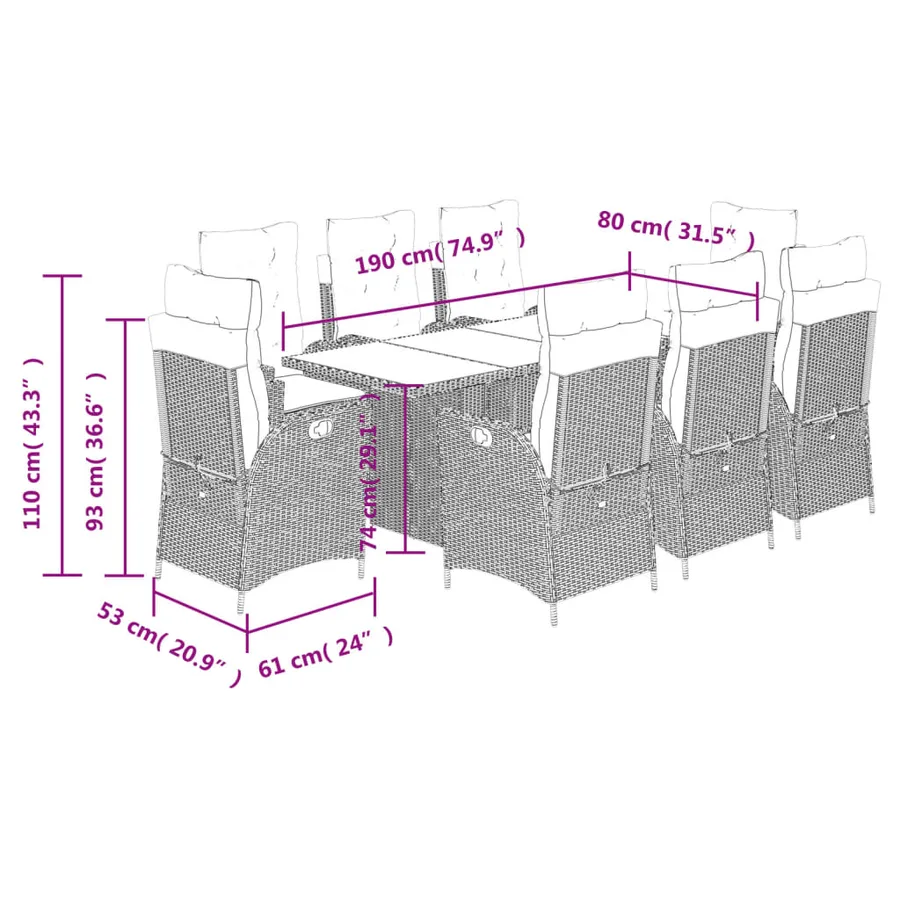 Ensemble à manger de jardin et coussins 9 pcs beige Poly rotin - 12