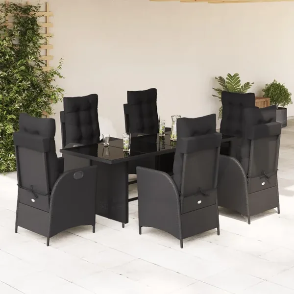 Ensemble à manger de jardin coussins 7pcs Noir Résine tressée