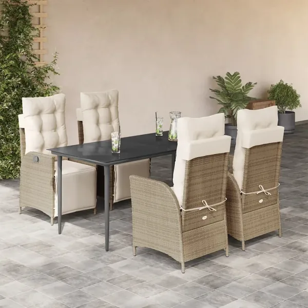 Ensemble à manger de jardin avec coussins 5pcs Beige poly rotin