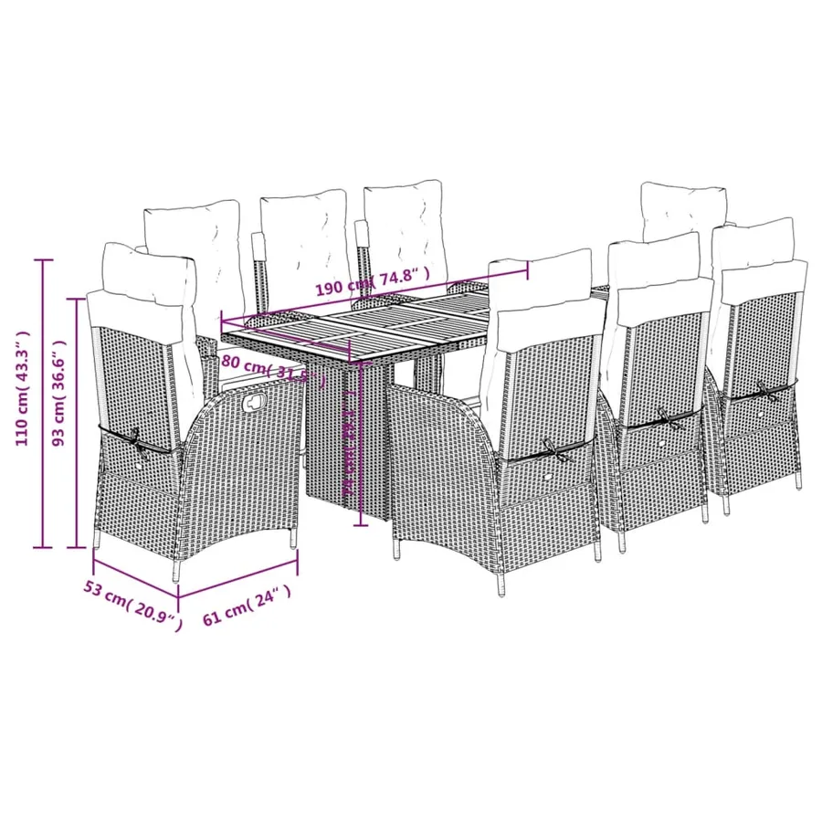 Ensemble à manger de jardin et coussins 9 pcs beige Poly rotin - 9