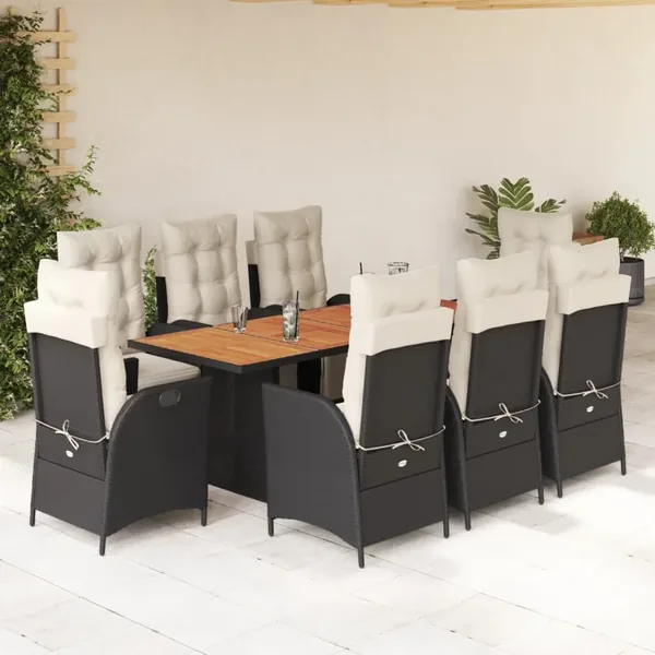 Ensemble à manger de jardin 9pcs coussins noir résine tressée