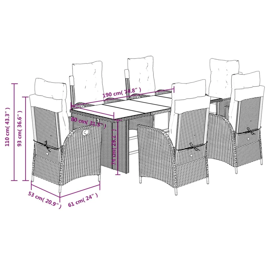 Ensemble à manger de jardin coussins 7pcs Noir Résine tressée - 9