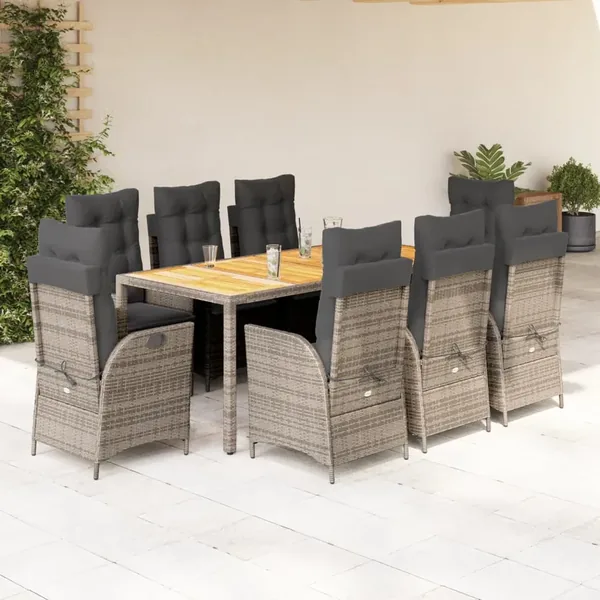 Ensemble à manger de jardin 9 pcs coussins gris résine tressée