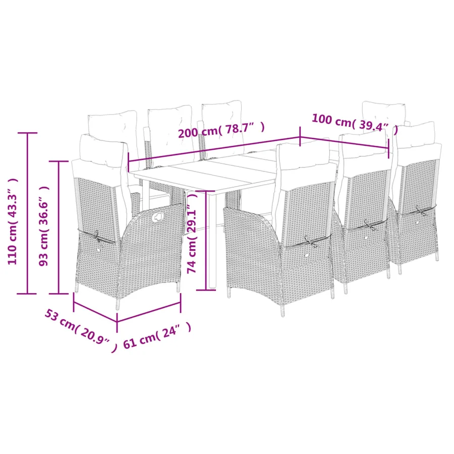 Ensemble à manger de jardin et coussins 9 pcs gris clair rotin - 9