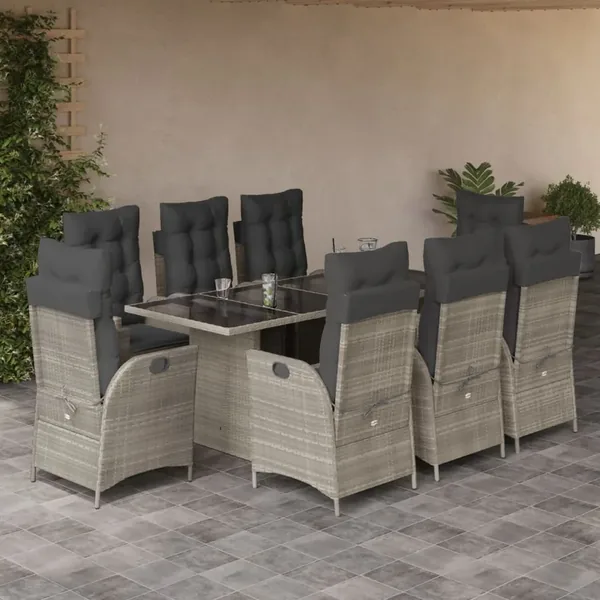 Ensemble à manger de jardin et coussins 9 pcs gris clair rotin