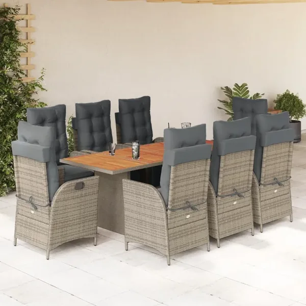 Ensemble à manger de jardin 9 pcs coussins gris résine tressée