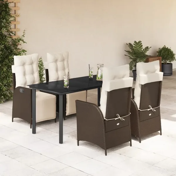 Ensemble à manger de jardin 5 pcs et coussins marron poly rotin