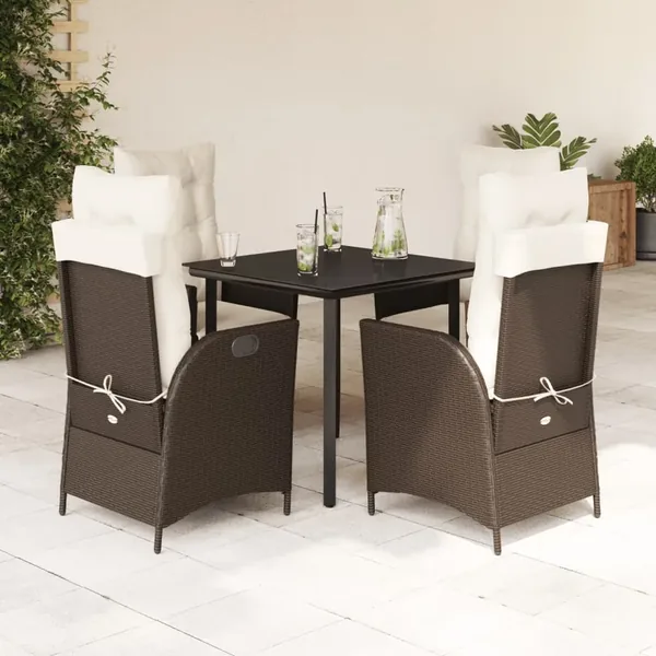 Ensemble à manger de jardin 5 pcs et coussins marron poly rotin