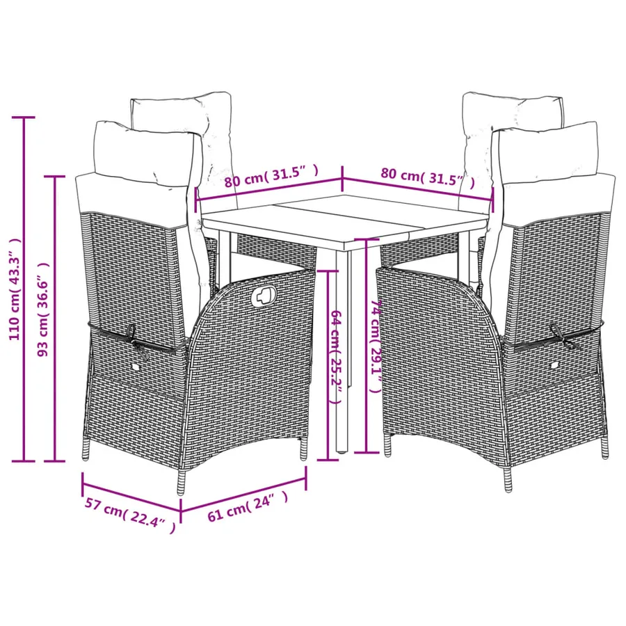 Ensemble à manger de jardin 5 pcs et coussins marron poly rotin - 9