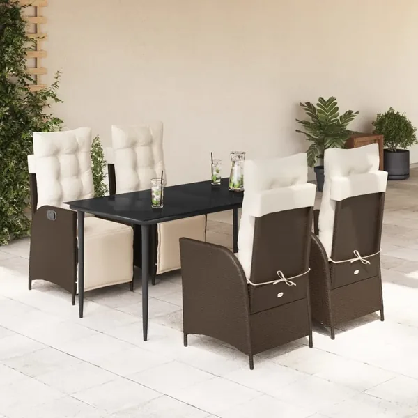 Ensemble à manger de jardin 5 pcs et coussins marron poly rotin