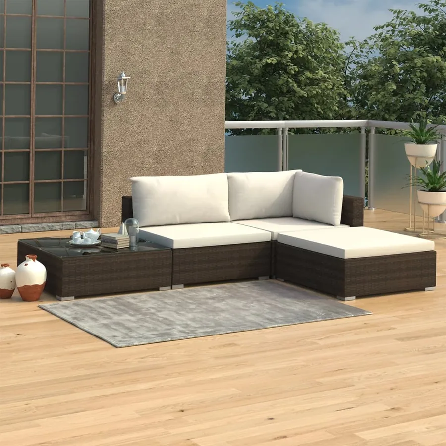 Salon de jardin 4 pcs avec coussins Résine tressée Marron