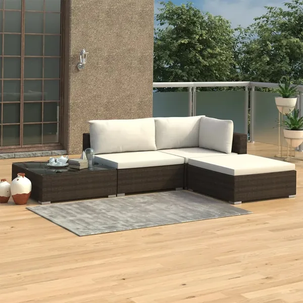 Salon de jardin 4 pcs avec coussins Résine tressée Marron