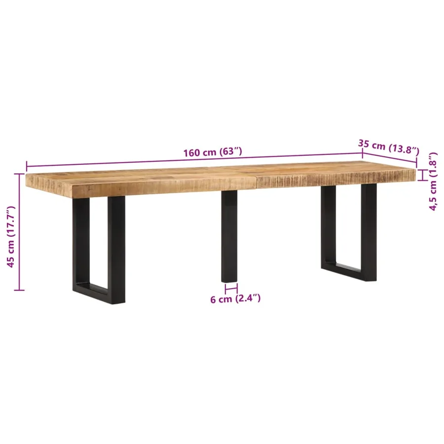 Banc 160 cm bois de manguier brut massif et acier - 9