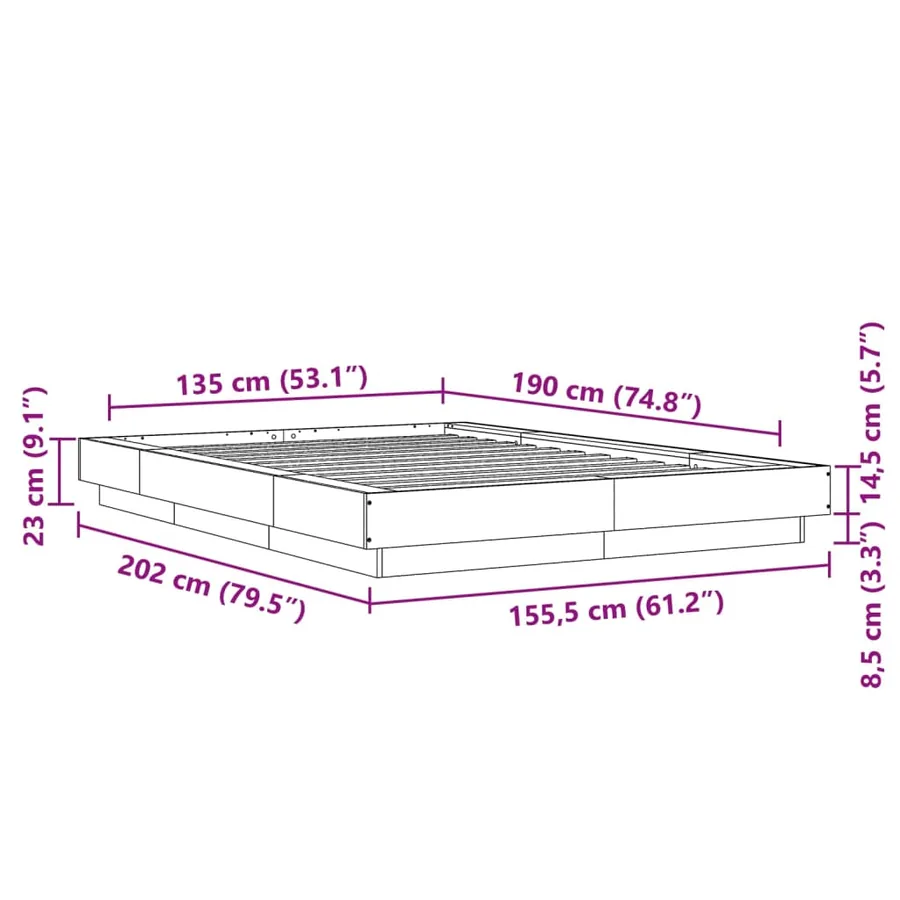 Cadre de lit et lumières LED sans matelas sonoma gris 135x190cm - 14