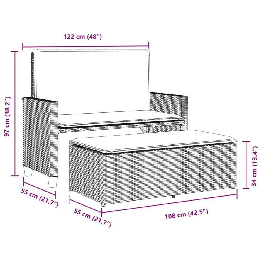 Banc de jardin et coussins et repose-pied marron résine tressée - 10