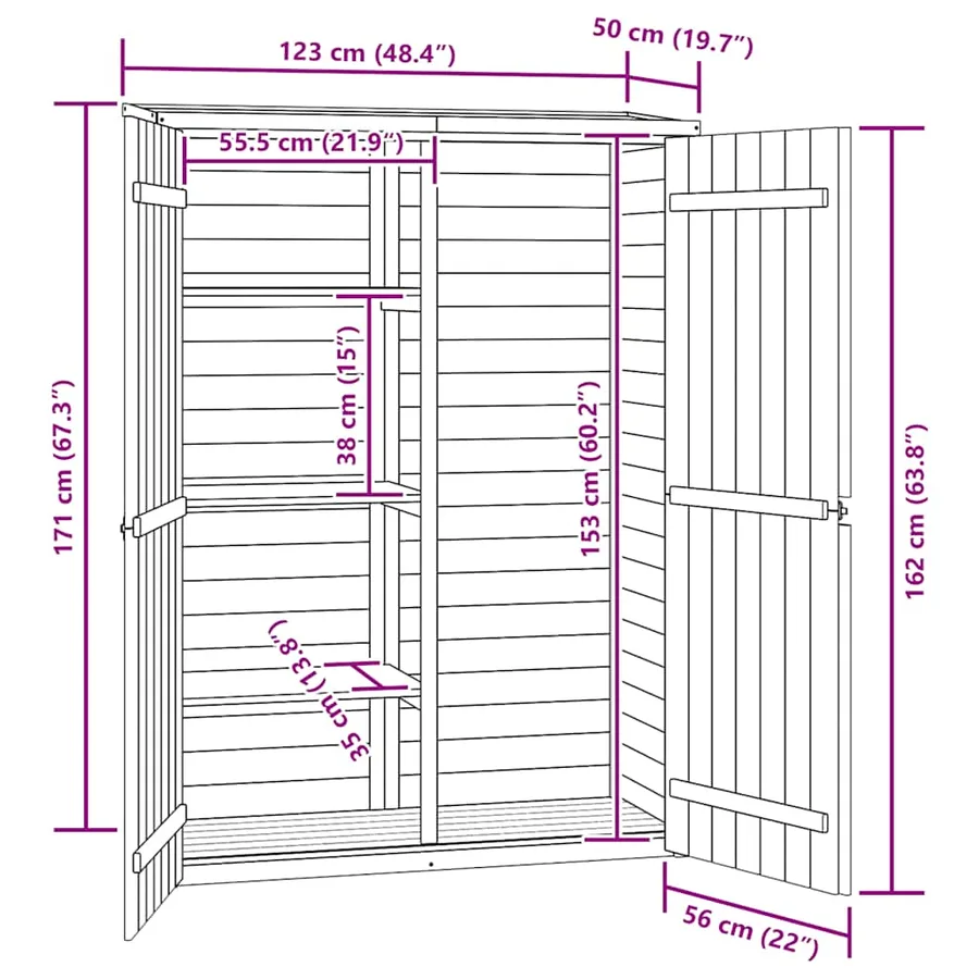 Abri à outils de jardin 123x50x171 cm Pinède imprégnée - 11
