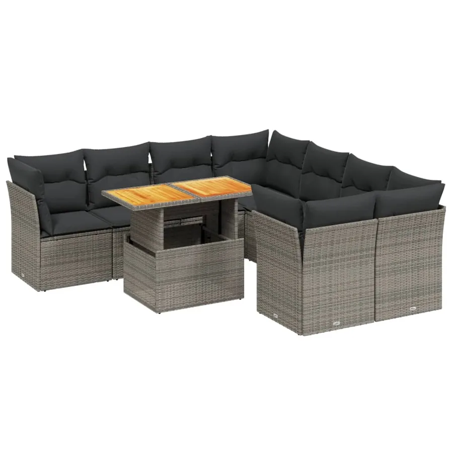Salon de jardin 9 pcs avec coussins gris résine tressée - 2