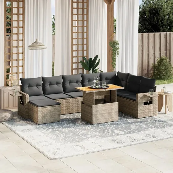 Salon de jardin 9 pcs avec coussins gris résine tressée