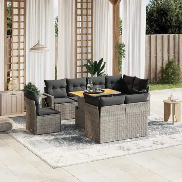 Salon de jardin 9 pcs avec coussins gris résine tressée