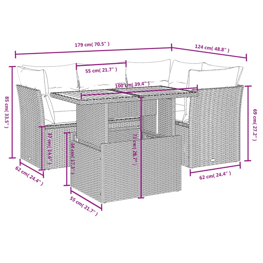 Salon de jardin 5 pcs avec coussins gris résine tressée - 3