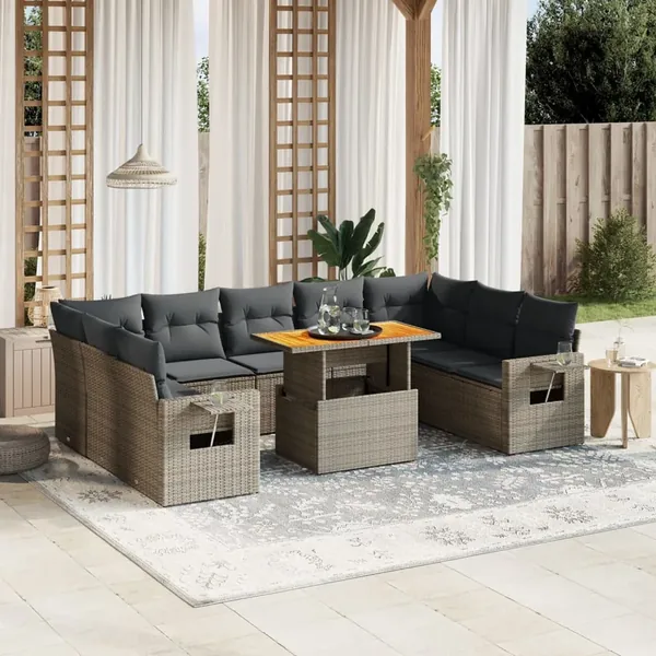 Salon de jardin avec coussins 10 pcs gris résine tressée