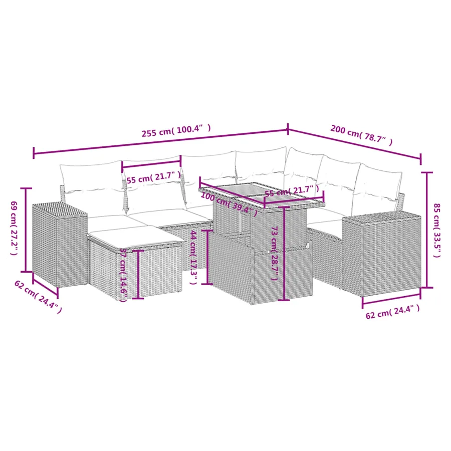 Salon de jardin 8 pcs avec coussins gris résine tressée - 3