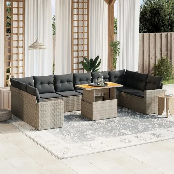 Salon de jardin 11 pcs avec coussins gris résine tressée