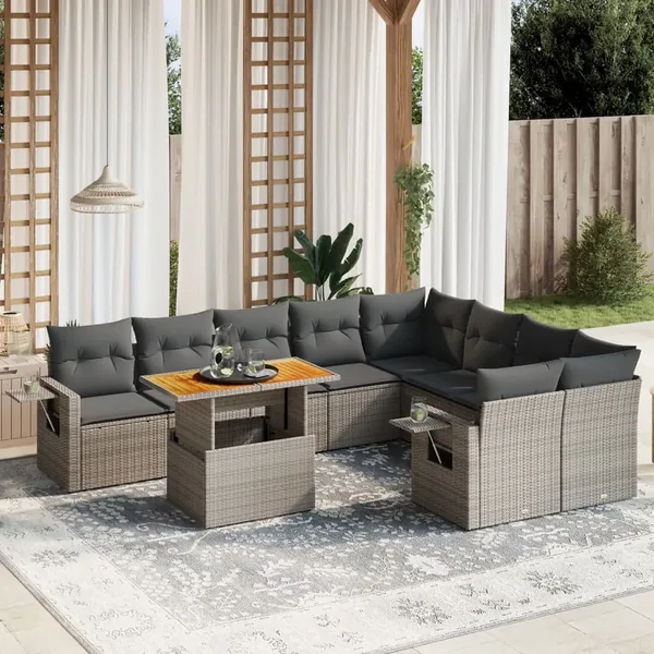 Salon de jardin avec coussins 10 pcs gris résine tressée