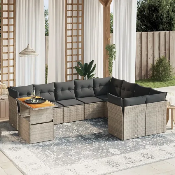 Salon de jardin avec coussins 10 pcs gris résine tressée