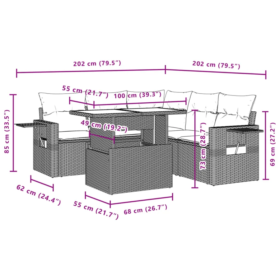 Salon de jardin 6 pcs avec coussins gris résine tressée - 11