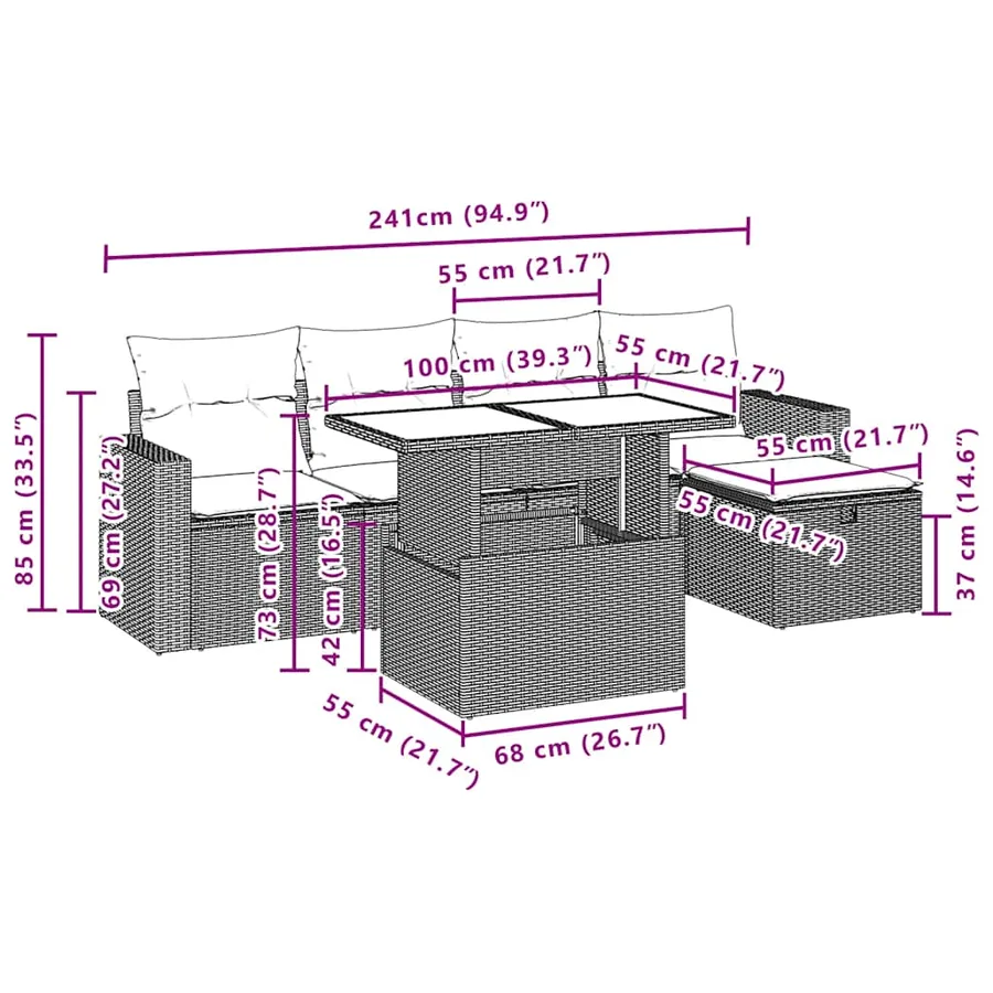Salon de jardin 6 pcs avec coussins gris résine tressée - 12
