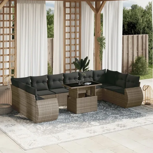 Salon de jardin 11 pcs avec coussins gris résine tressée