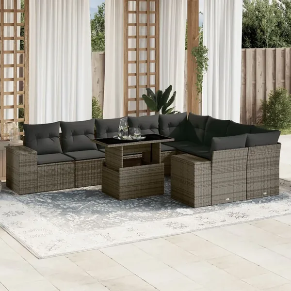 Salon de jardin avec coussins 10 pcs gris résine tressée