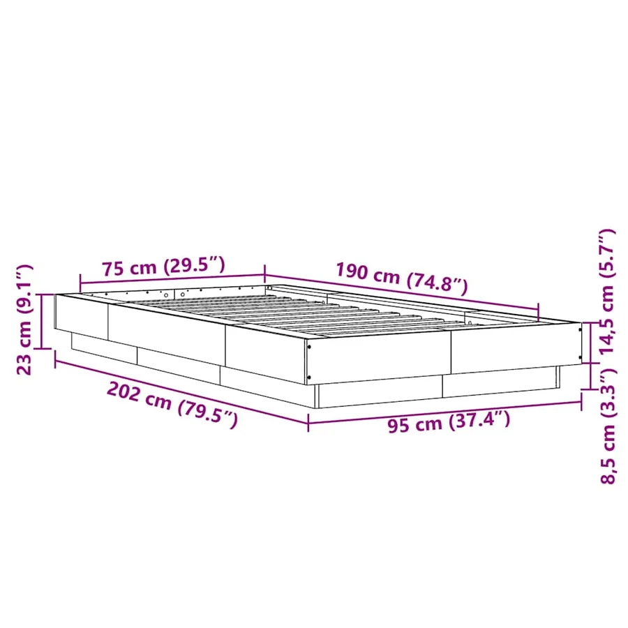 Cadre de lit et lumières LED sans matelas sonoma gris 75x190 cm - 14
