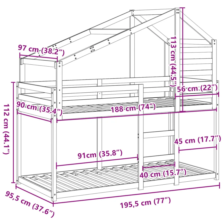 Lit superposé sans matelas blanc 90x190 cm bois de pin massif - 12