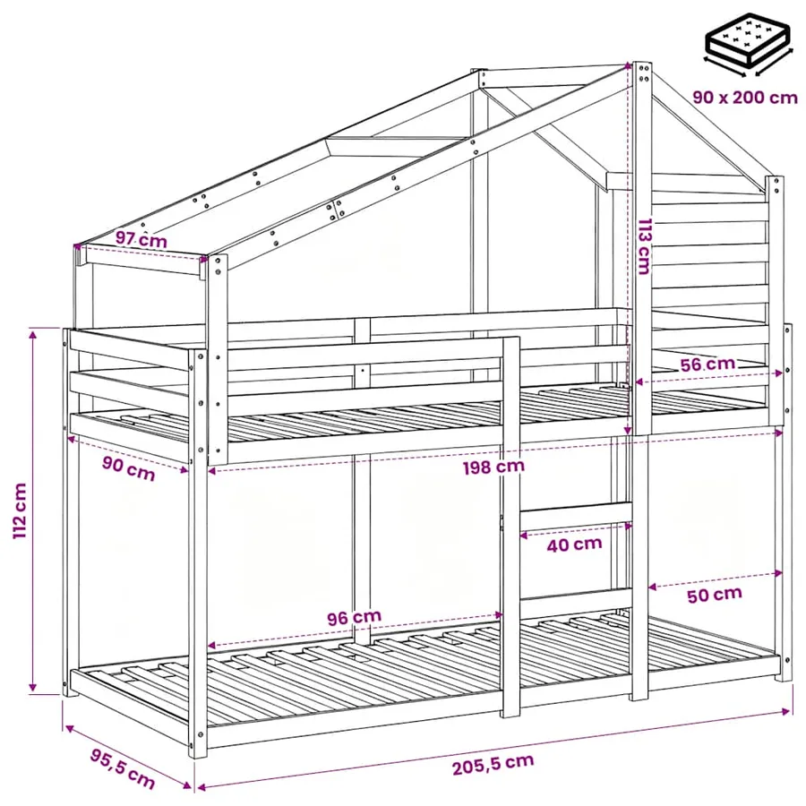 Lit superposé sans matelas blanc 90x200 cm bois de pin massif - 12