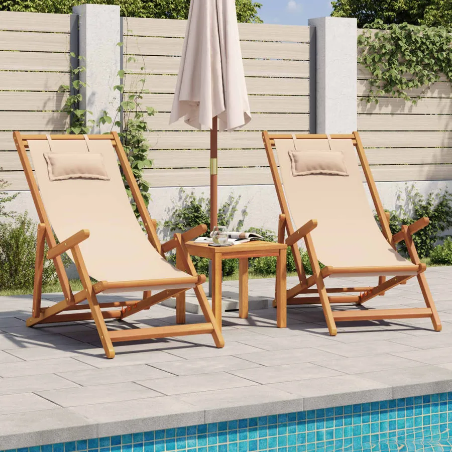 Chaise pliable de plage beige bois massif d'eucalyptus et tissu - 3