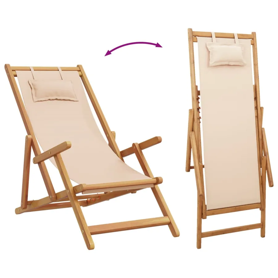 Chaise pliable de plage beige bois massif d'eucalyptus et tissu - 7