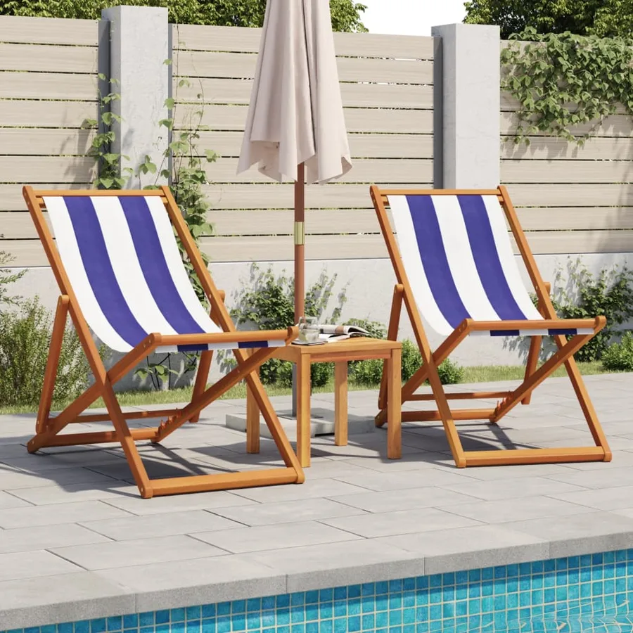 Chaises de plage pliantes lot de 2 bleu blanc tissu bois massif - 2
