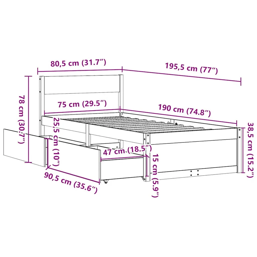 Cadre de lit sans matelas blanc 75x190 cm bois de pin massif - 10
