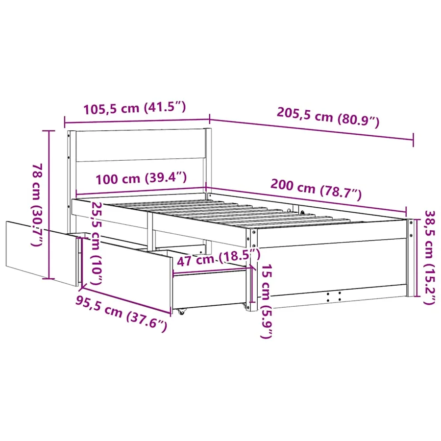 Cadre de lit sans matelas cire marron 100x200cm bois pin massif - 10
