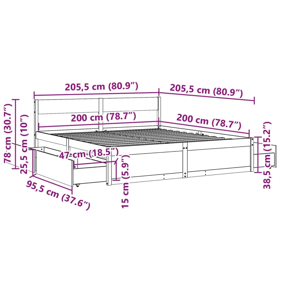 Cadre de lit sans matelas cire marron 200x200cm bois pin massif - 10