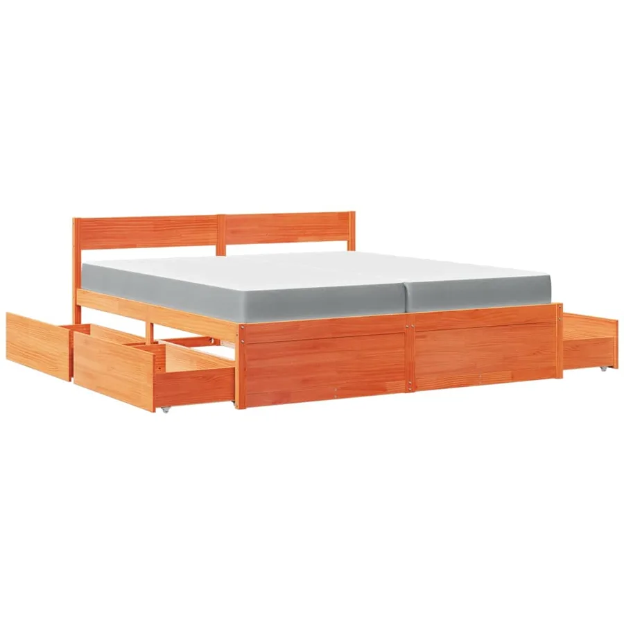 Lit avec tiroirs/matelas cire marron 200x200 cm bois massif pin - 11