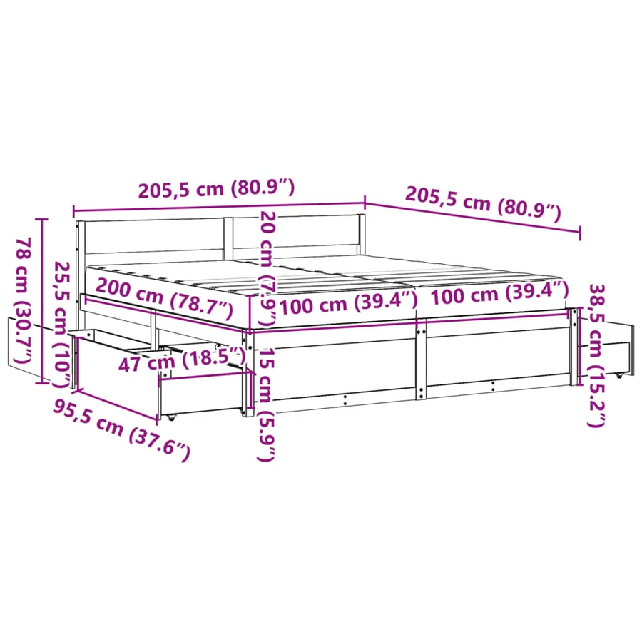 Lit avec tiroirs/matelas cire marron 200x200 cm bois massif pin - 14