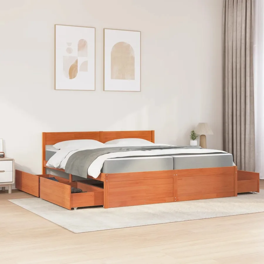 Lit avec tiroirs/matelas cire marron 200x200 cm bois massif pin - 3