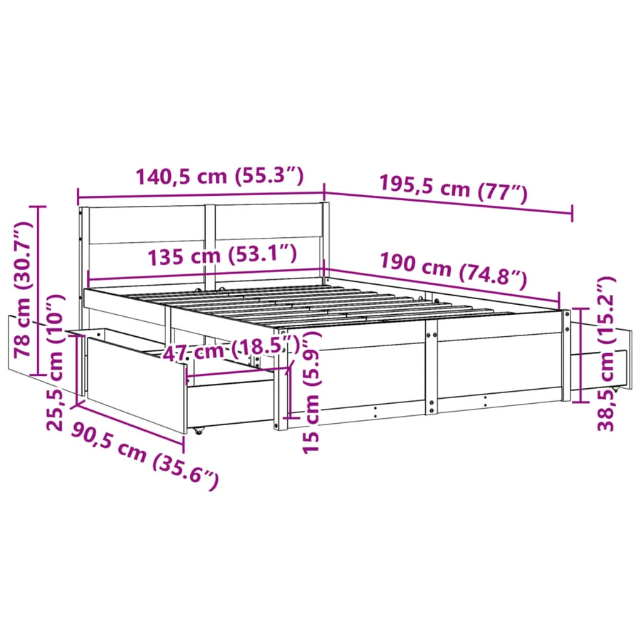 Cadre de lit sans matelas cire marron 135x190cm bois pin massif - 10